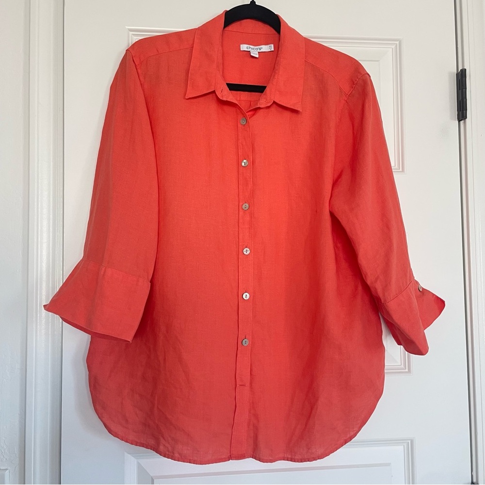Chico's Coral Linen Button-Front Shirt